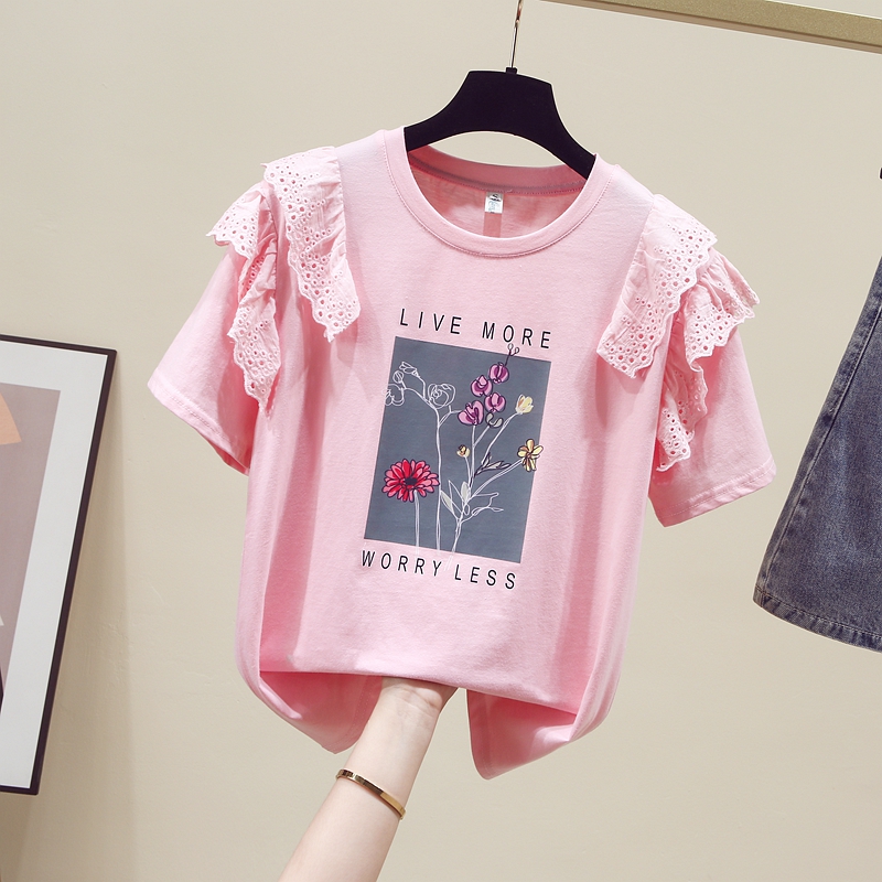 RY2480# 蕾丝荷叶边飞飞短袖t恤夏季女装2026年新款甜美减龄漂亮上...