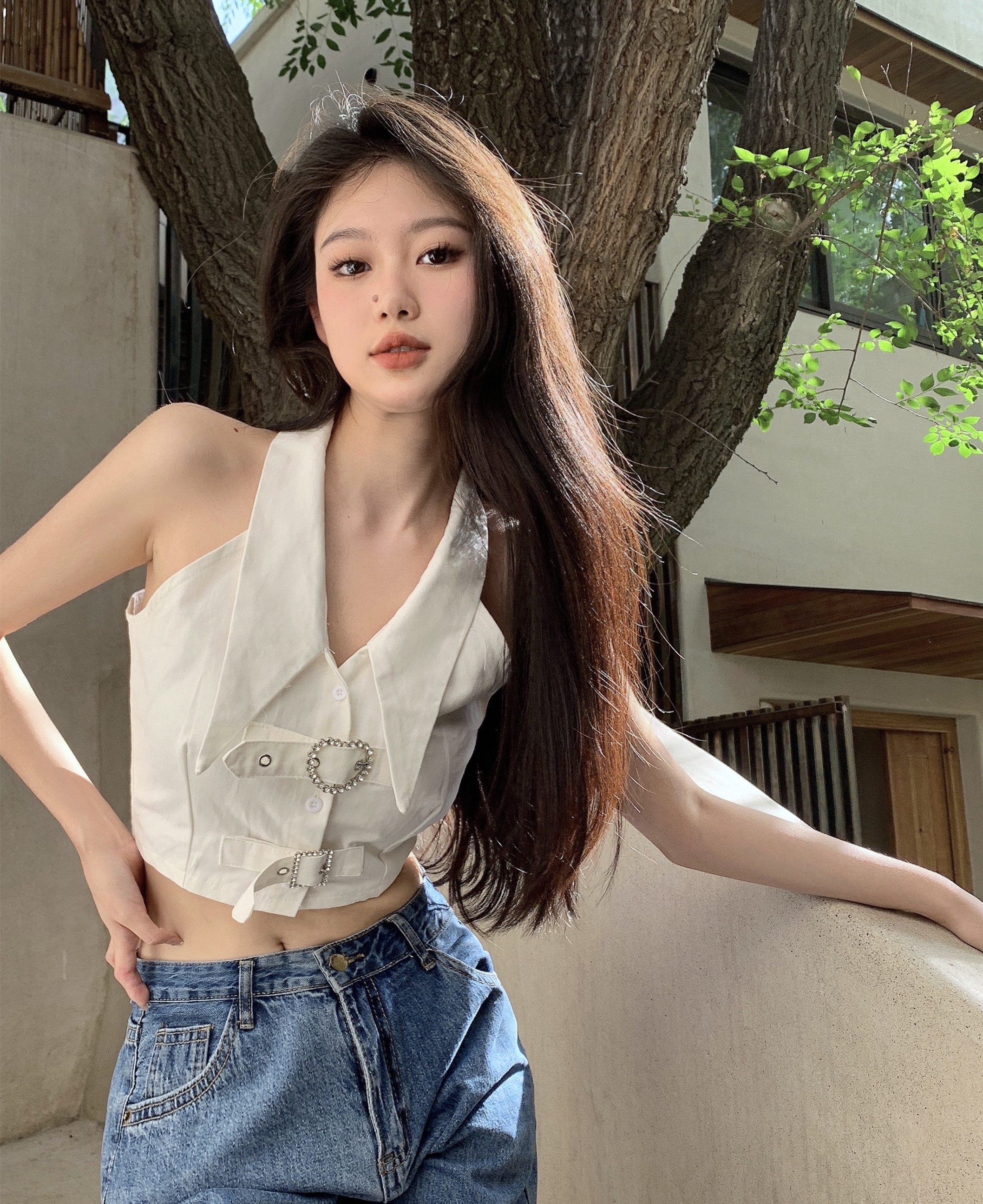 실사 정가 여름 작은 심장 기계 빅 칼라 V넥 화이트 민소매 쇼트 스타일 미니멀리즘 작은 셔츠 맨위 여성