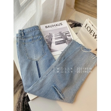 批发细节到位~条纹破洞九分牛仔裤女高腰显瘦直筒宽松夏乞丐毛边裤子