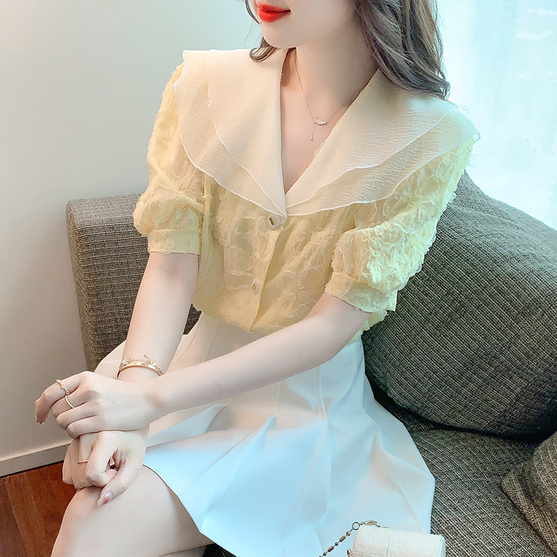 2026 여름 새로운 달콤함 프릴 이중층 베이비 칼라 3 차원 전단 꽃 반팔 시폰 셔츠 여성