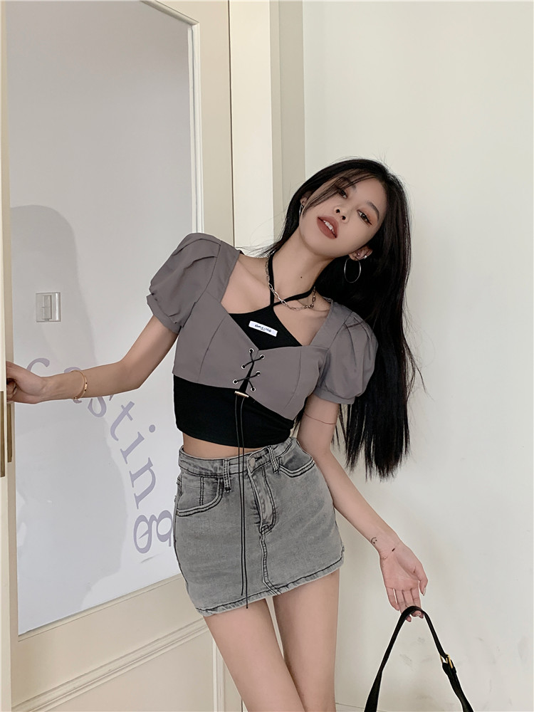 FA35250# 夏季辣妹挂脖抹胸吊带泡泡袖系带贴标两件套 服裝批發女裝批發服飾貨源