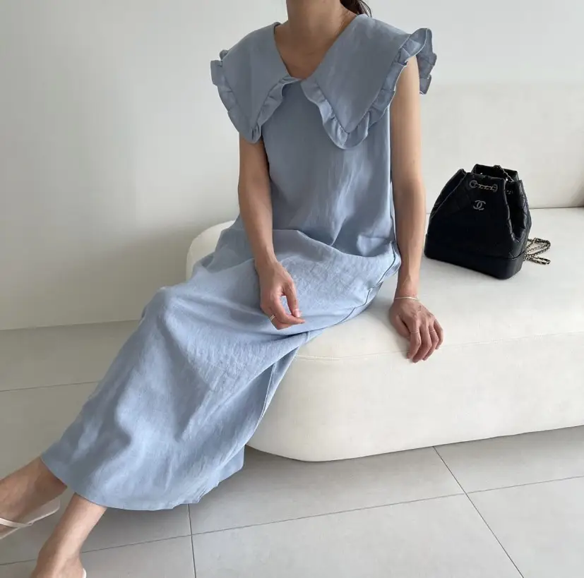 프렌치 스타일 대형 폴드 칼라 민소매 원피스 상세 이미지 9