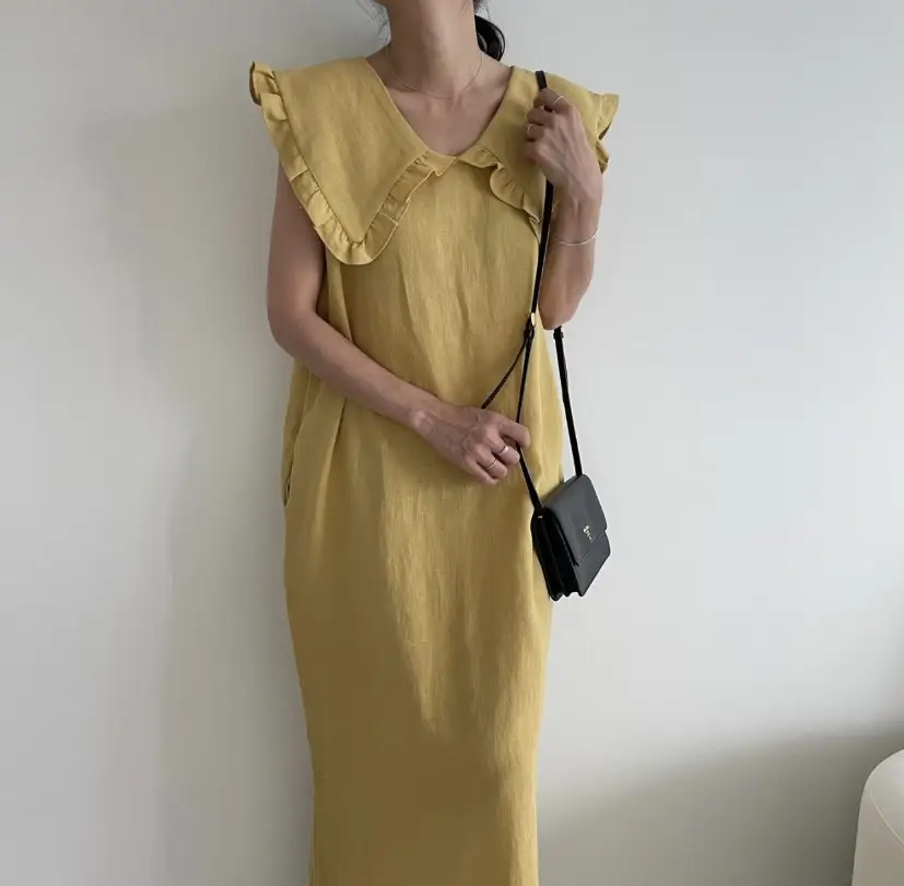 프렌치 스타일 대형 폴드 칼라 민소매 원피스 상세 이미지 13