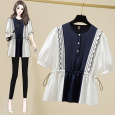 批发大码衬衫女2022夏季新款胖MM设计感小众拼接收腰显瘦抽绳短袖上衣