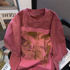 酒红色vintage男女夏季宽松高街短袖上衣
