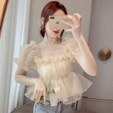 批发实价一字肩<b class='q'>雪纺</b><b class='q'>衫</b>女装夏季辣妹设计感小众法式泡泡袖甜美短款上衣