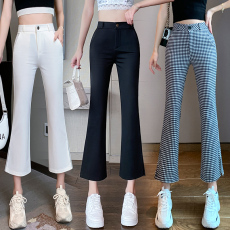 批发实拍2026夏季新款冰丝<b class='q'>棋盘</b><b class='q'>格</b>微喇叭九分裤韩版垂感休闲八分裤