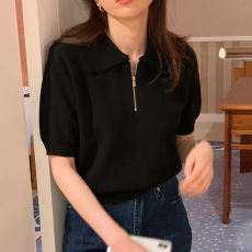 批发polo领针织衫短袖t恤女夏薄款拉链翻领ins潮韩版别致洋气短款上衣