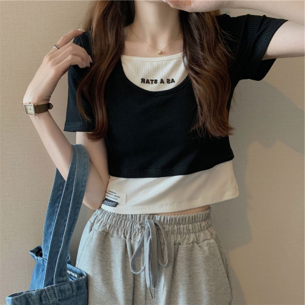 RM21488#新款t恤女夏季短袖假两件设计感小众短款上衣