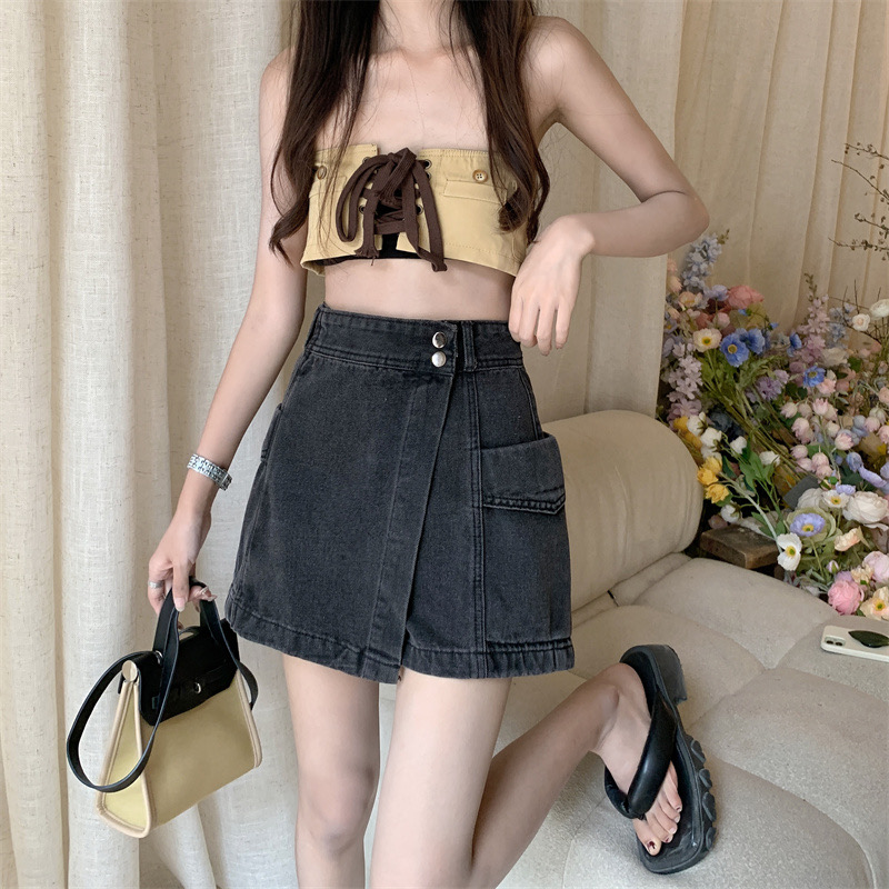 夏季韩版高腰显瘦牛仔半身裙百搭短裙子MM女装不规则裤裙 服裝批發女裝批發服飾貨源