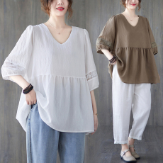 批发宽松文艺大码T恤上衣女装V领蕾丝拼接中长款衬衫女