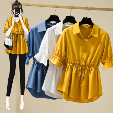 批发大码女装夏系带收腰显瘦衬衫时尚新款洋气胖妹妹设计感别致衬衣女