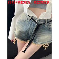批发系带扎染流苏修身短裤小众春夏新款复古潮流热裤牛仔高腰休闲裤女