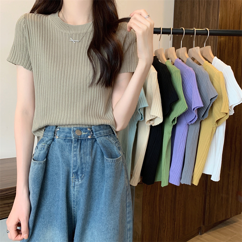 MY1006# 新版韩风纯色竖条圆领短袖针织衫女裝貨源服裝批發