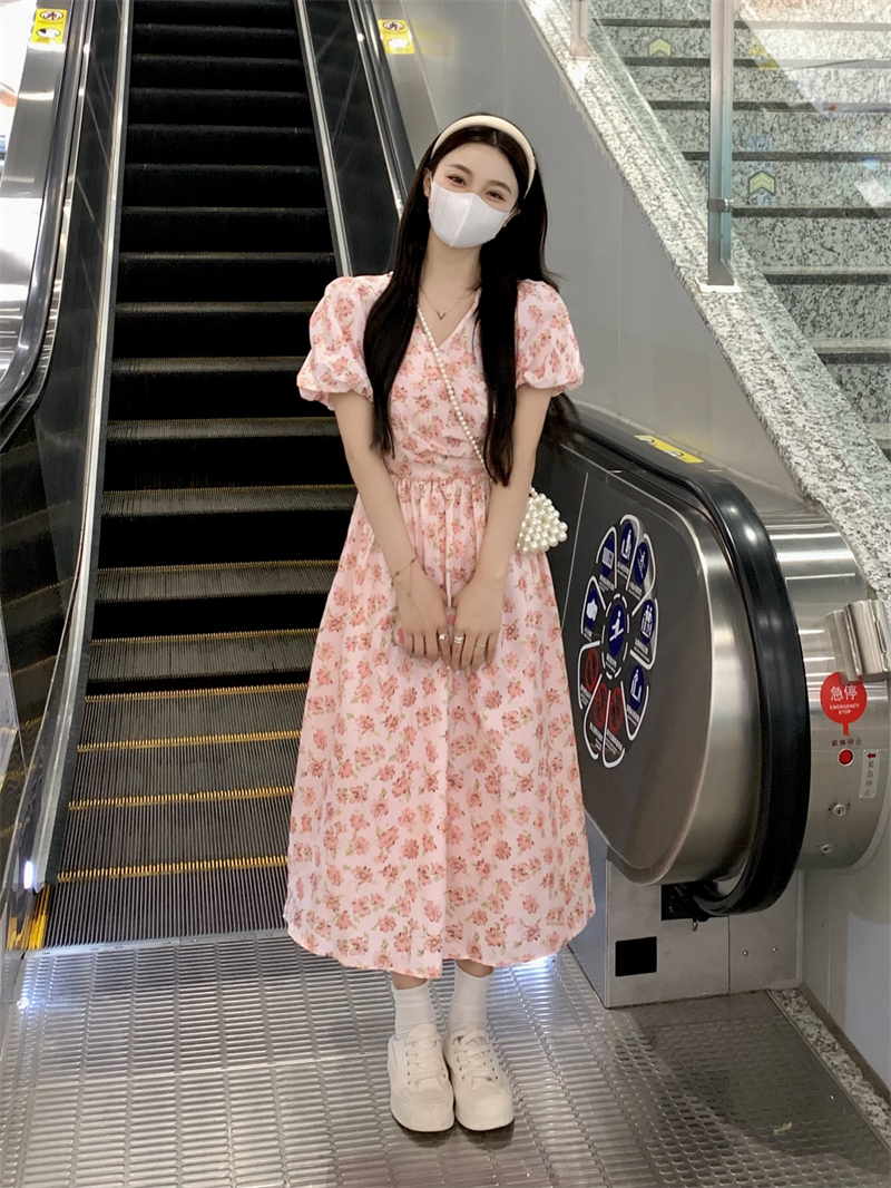 실사 여름 프랑스식 레트로 부드러운 바람 롱 스커트 꽃무늬 거품 소매 점프 슈트 치마