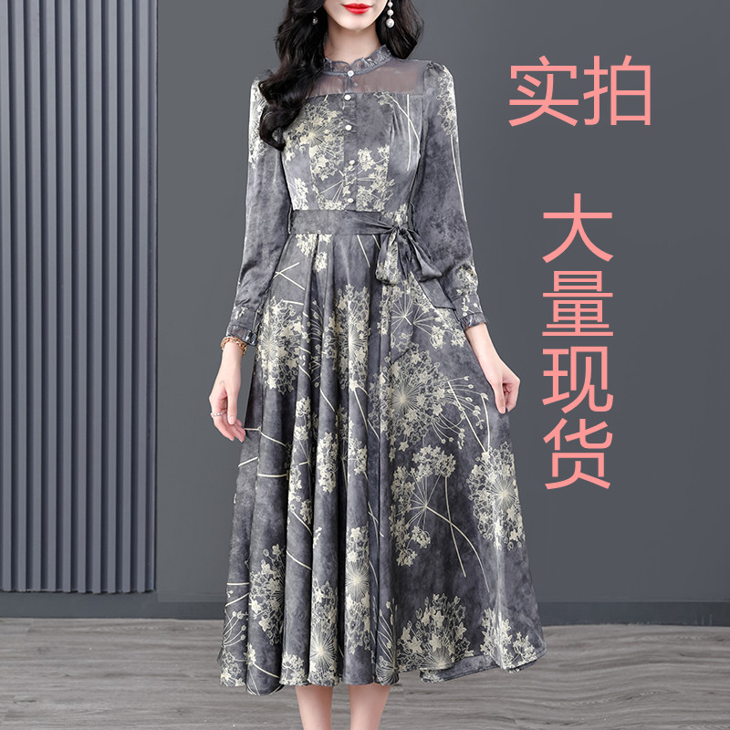 PF23691#新款醋酸缎面流行秋装裙子连衣裙中长款气质长裙女裝貨源服裝批發