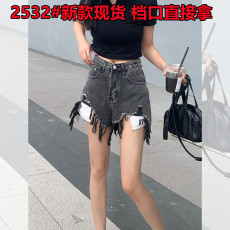 批发水洗做旧破洞毛边<b class='q'>牛仔裤</b>女夏季薄款热裤a字短裤高腰显瘦包臀裤子