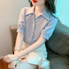 批发2026年夏季<b class='q'>短袖</b><b class='q'>衬衫女</b>V领衬衣职业气质正装面试宽松泡泡袖上衣