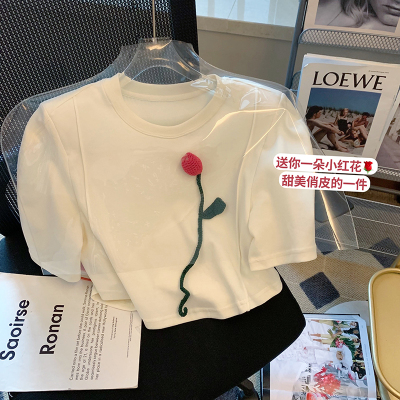 6535棉 2022年新款短袖t恤女装饰花朵