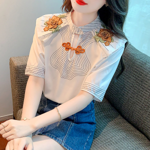 KM20510#夏装新款韩版短袖重工刺绣花朵衬衣女