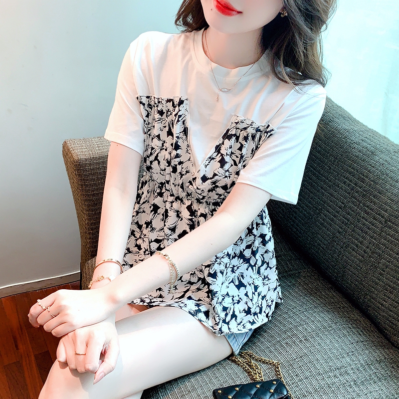 RY1088# 碎花收腰上衣女夏短袖设计感小众2026年新款拼接娃娃衫法式t恤潮