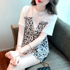 批发碎花收腰上衣女夏<b class='q'>短袖</b>设计感小众2026年新款拼接娃娃衫法式<b class='q'>t</b><b class='q'>恤</b>潮