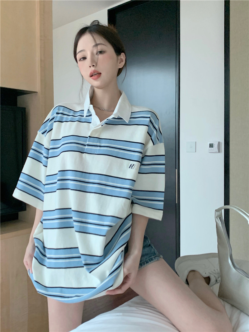 Real shot of retro Hiphop culture striped short-sleeved POLO shirt for women