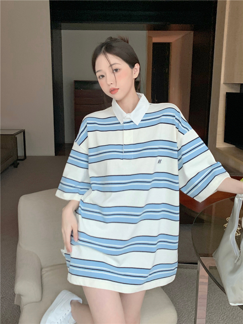 Real shot of retro Hiphop culture striped short-sleeved POLO shirt for women