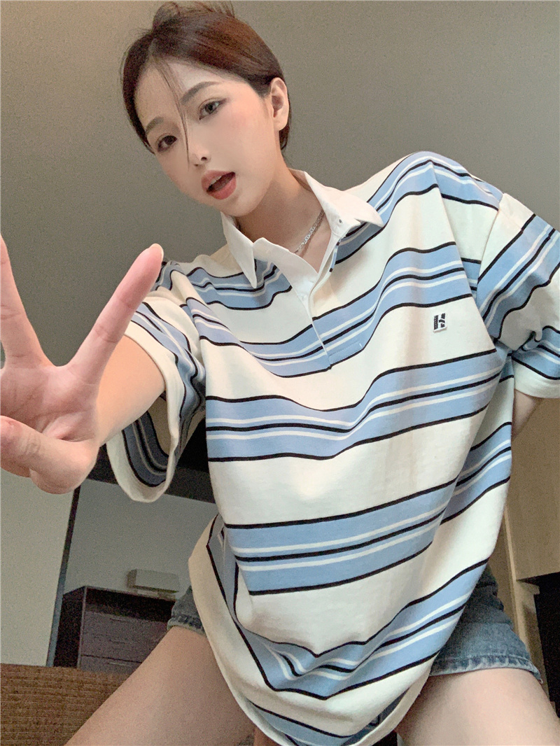 Real shot of retro Hiphop culture striped short-sleeved POLO shirt for women