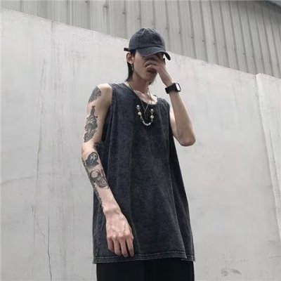 背心男士坎肩外穿宽松港风篮球砍袖健身潮牌水洗旧夏季无袖t恤