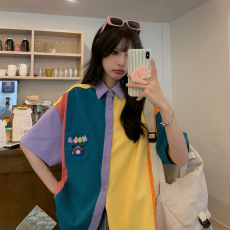 批发实拍 夏季复古小众短袖<b class='q'>衬衫</b>女中长款宽松薄款上衣撞色拼接<b class='q'>衬衣</b>