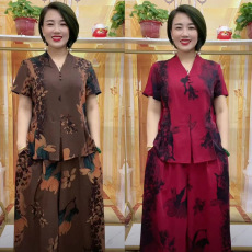 批发夏季新款二件套中年妈妈加肥加大时尚休闲重磅上衣<b class='q'>阔腿裤</b>套装潮