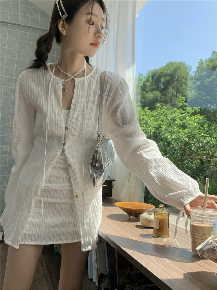 kumikumi fashion suit women's long-sleeved lace-up sunscreen shirt summer high-waisted pleated skirt two-piece set