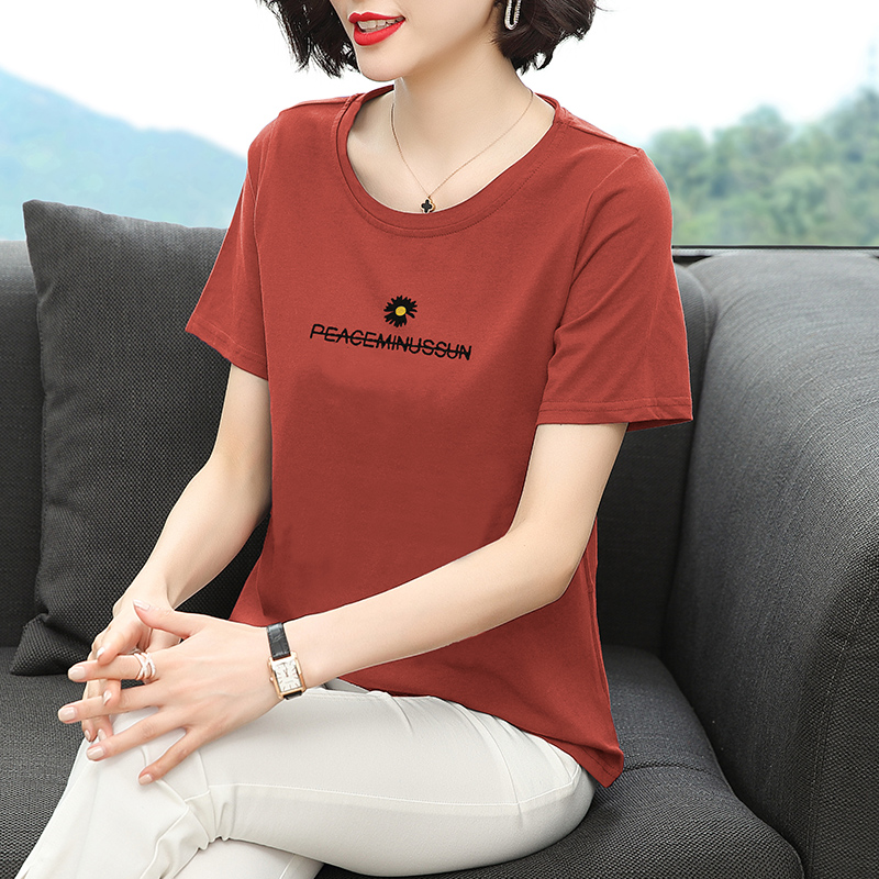 RY1614# 小雏菊短袖t恤女刺绣宽松上衣中年妈妈装减龄纯棉半袖体恤潮丅夏