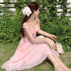 茶歇法式粉色吊带连衣裙女夏奶甜在逃公主古着vintage初恋裙超仙