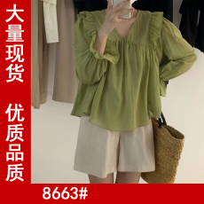 批发法式百搭春<b class='q'>秋</b>甜美荷叶边泡泡袖洋气衬衫时尚小衫女
