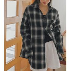 批发韩版春秋黑白格子帅气风格宽松格子衬衫宽松休闲百搭外套女衬衣