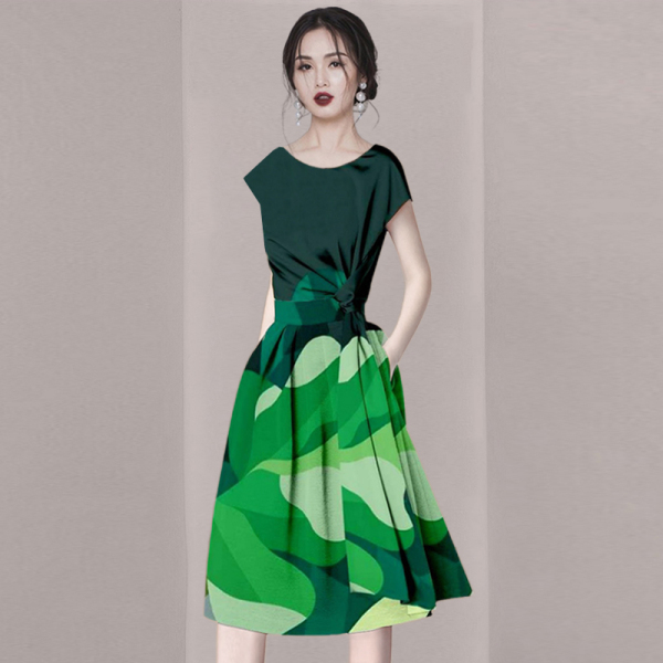 KM17011#欧美时尚绿色收腰连衣裙夏2022新款气质减龄显瘦中长裙子