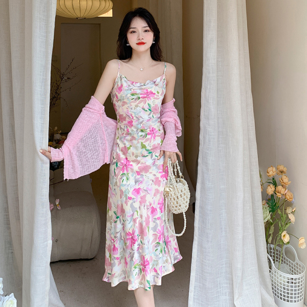 KM19841#夏季新款法式优雅针织开衫+缎面印花吊带裙两件套连衣裙