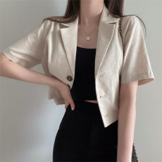 韩版纯色短袖棉麻小西装女2022春夏新休闲气质短款小西服外套