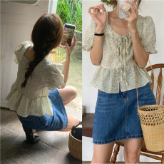 批发实拍实价 韩版小清新甜美荷叶边小碎花短袖衬衫 2色