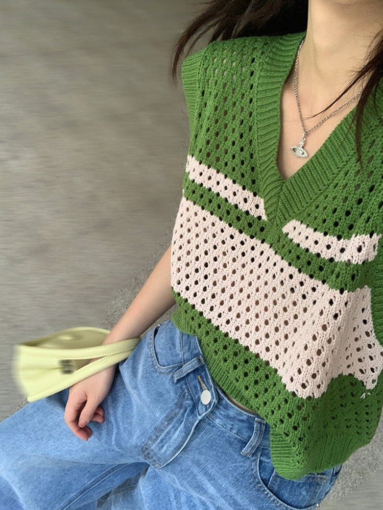 Green striped hollow knitted vest for women stacked v-neck contrasting color loose sleeveless outer vest vest top thin