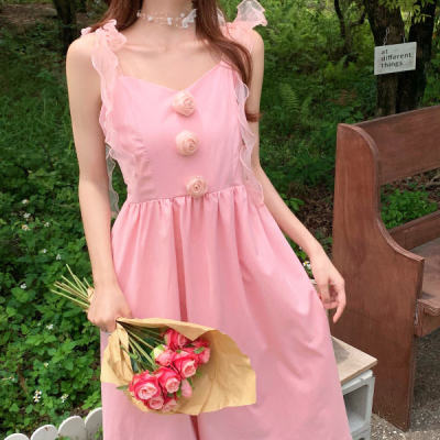 夏季新款韩版手工立体玫瑰花拼接亮丝吊带连衣裙时尚气质甜美长裙