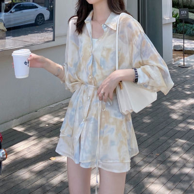 夏日冰茶套装女韩版时尚长袖防晒衬衫阔腿短裤休闲时尚两件套洋气