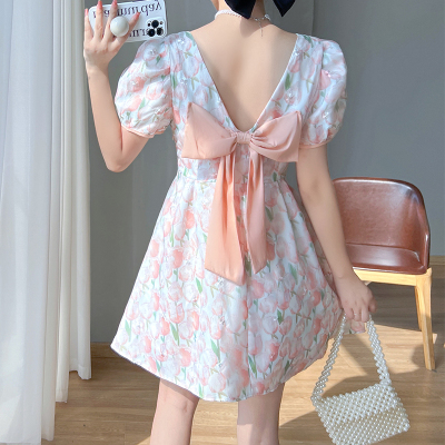 实拍现货 2022甜美粉色郁金香连衣裙 收腰显瘦氛围感泡泡袖初恋裙