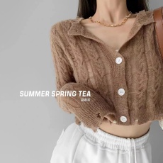 批发韩国chic镂空麻花针织<b class='q'>开衫外套</b>女款秋冬<b class='q'>毛衣</b>短款高腰长袖上衣女