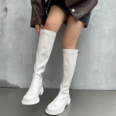 批发韩国西部牛子靴子女长靴白色粗跟圆头复古英伦风高筒骑士靴