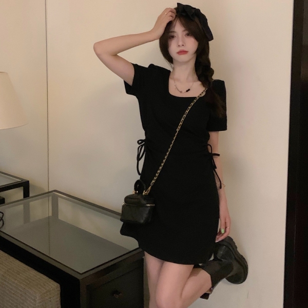KM17716#100%纤维珠地 夏装小黑裙女设计感小众镂空