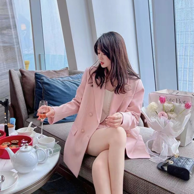 秋季西装外套女潮ins2022新款韩版宽松中长款粉色设计感小西服潮