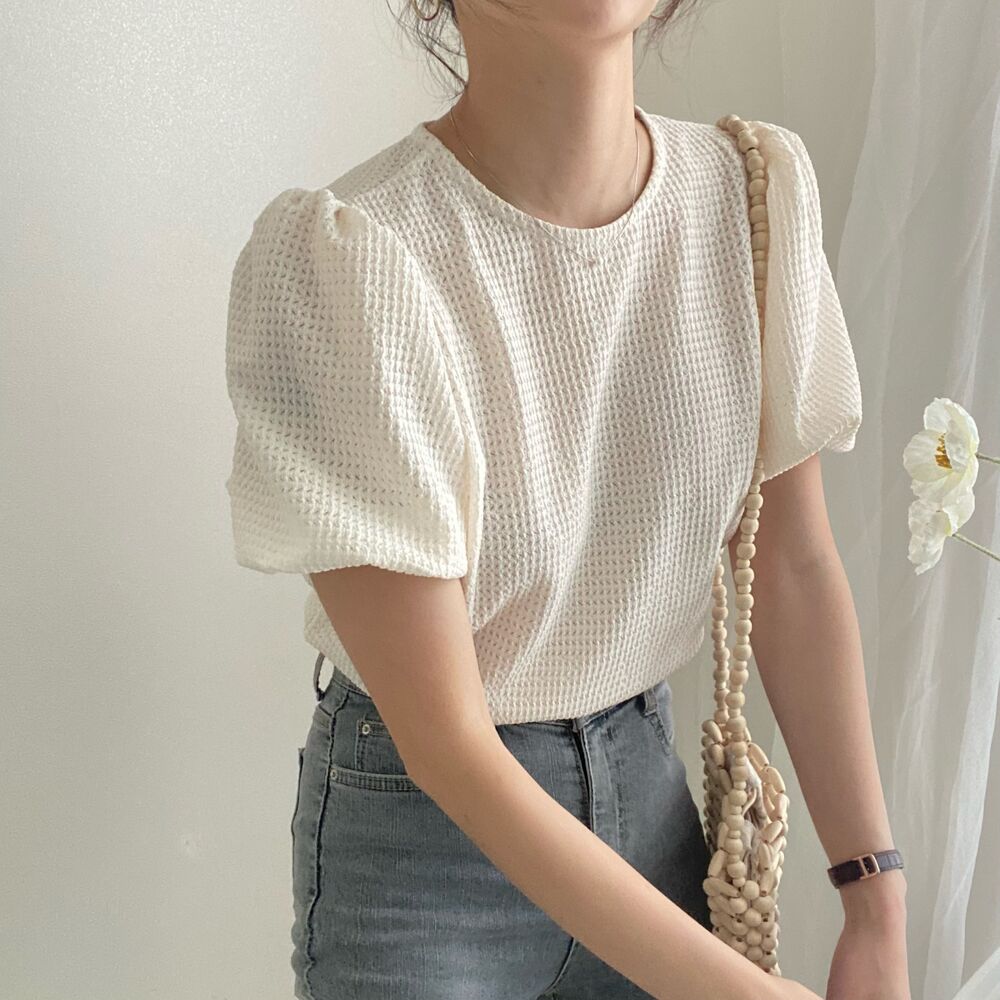 chic 한 부서 여름 달콤함 부드러운 후아 남편 그리드 홀로우 아웃 라운드 넥 거품 소매 니트 티셔츠 셔츠 맨위